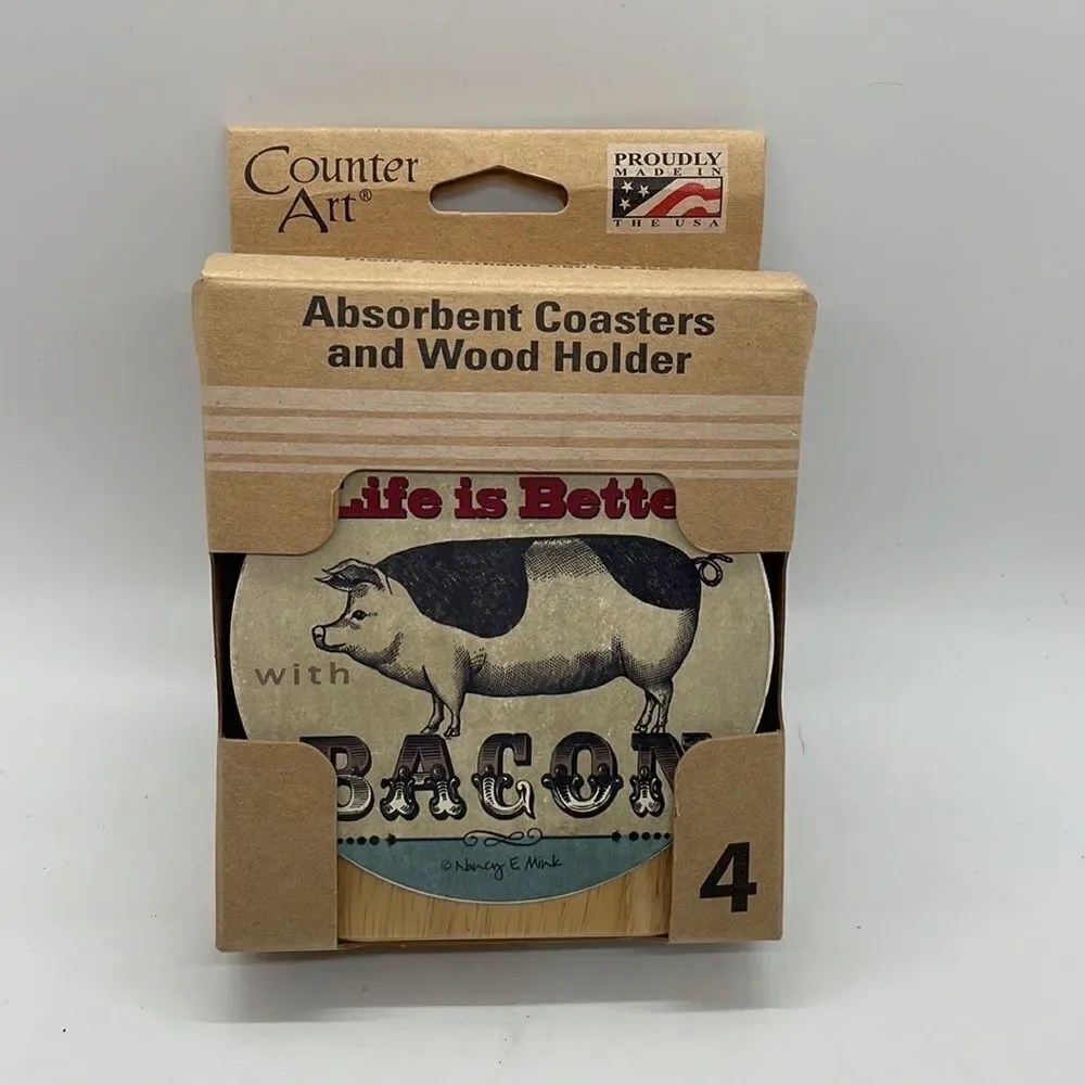 New CounterArt Absorbent Coaster Set (4) Pig  with Wood Holder 4